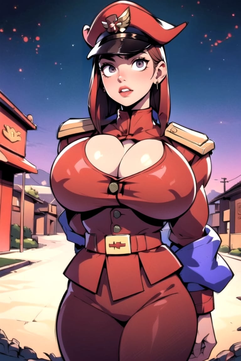 Masterpiece, Best Quality, perfect breasts, perfect face, perfect composition, UHD, 4k, ((1girl)), ((solo)), purple eyes, (((red military uniform))), (((female m. bison))), in a street, at night, busty woman, great legs, ((dark-brown hair)), shoulder-length hair, ((natural breasts)), red lipstick,thepit, (cowboy shot), large breasts, long cape,