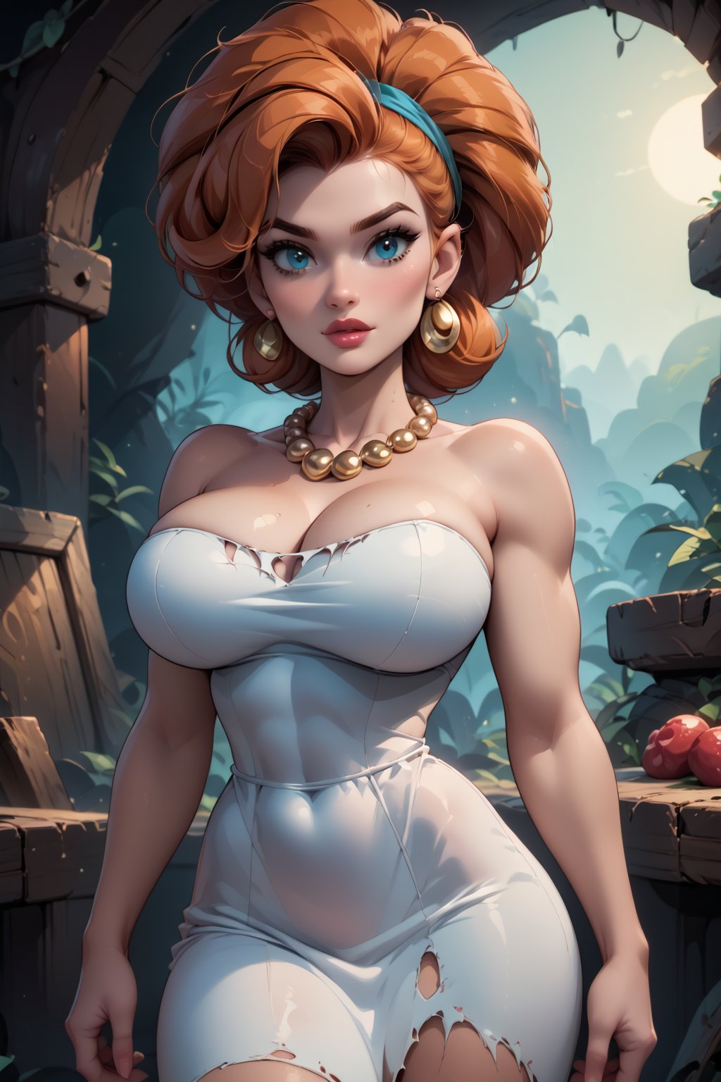 score_9, score_8_up, score_8, ginger hair, huge breasts, sexy pose, in a caveman’s livingroom, torn white dress, red pearl necklace, narrow waist, Wilma flintstone, 2d,