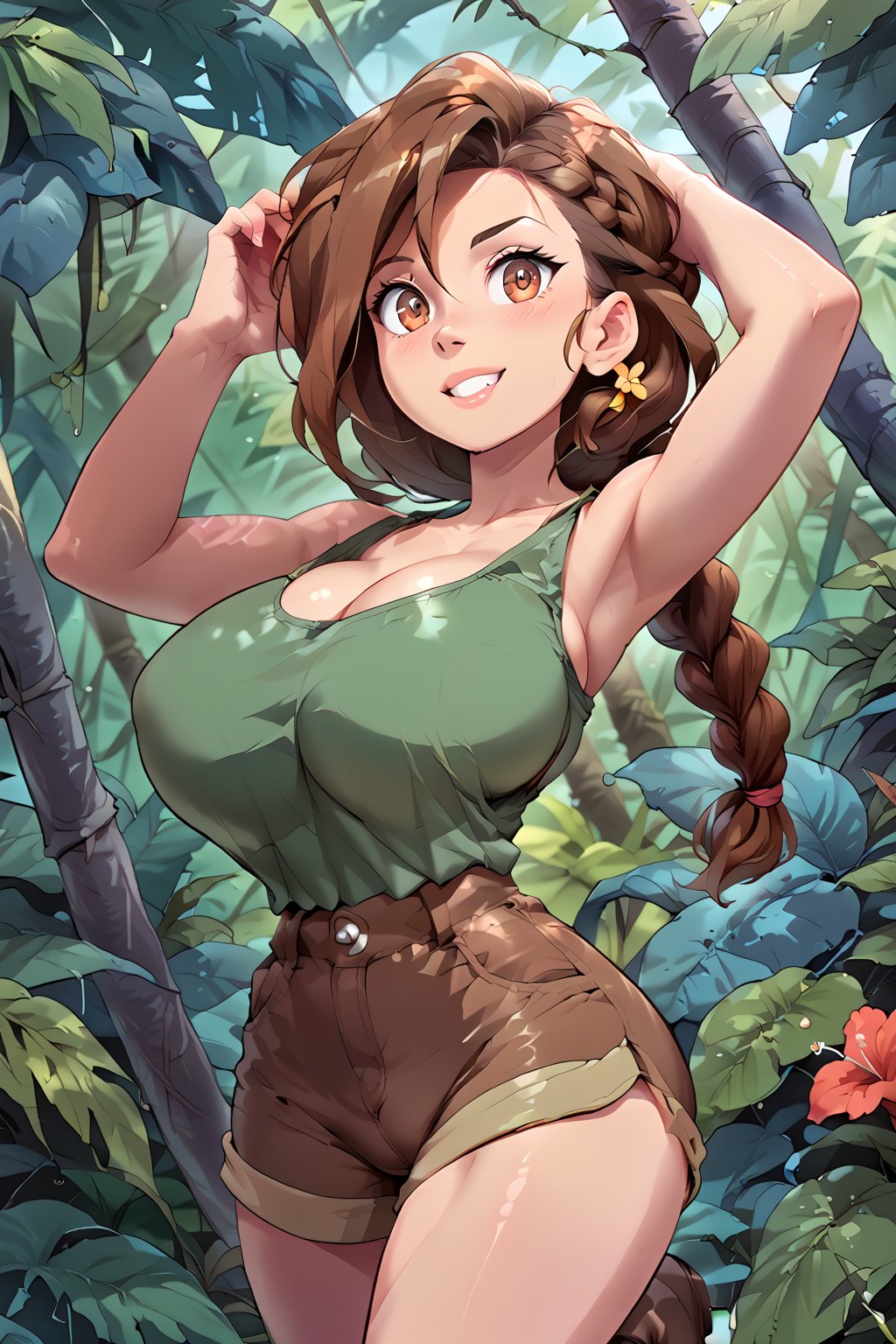 milfpeaches, score_9, score_8_up, score_8, 40 years old, tight green tank top, brown hair, long single braid hair, ((in a jungle)), looking sexy, busty woman, natural breasts, huge breasts, brown shorts, narrow waist, large brown boots,