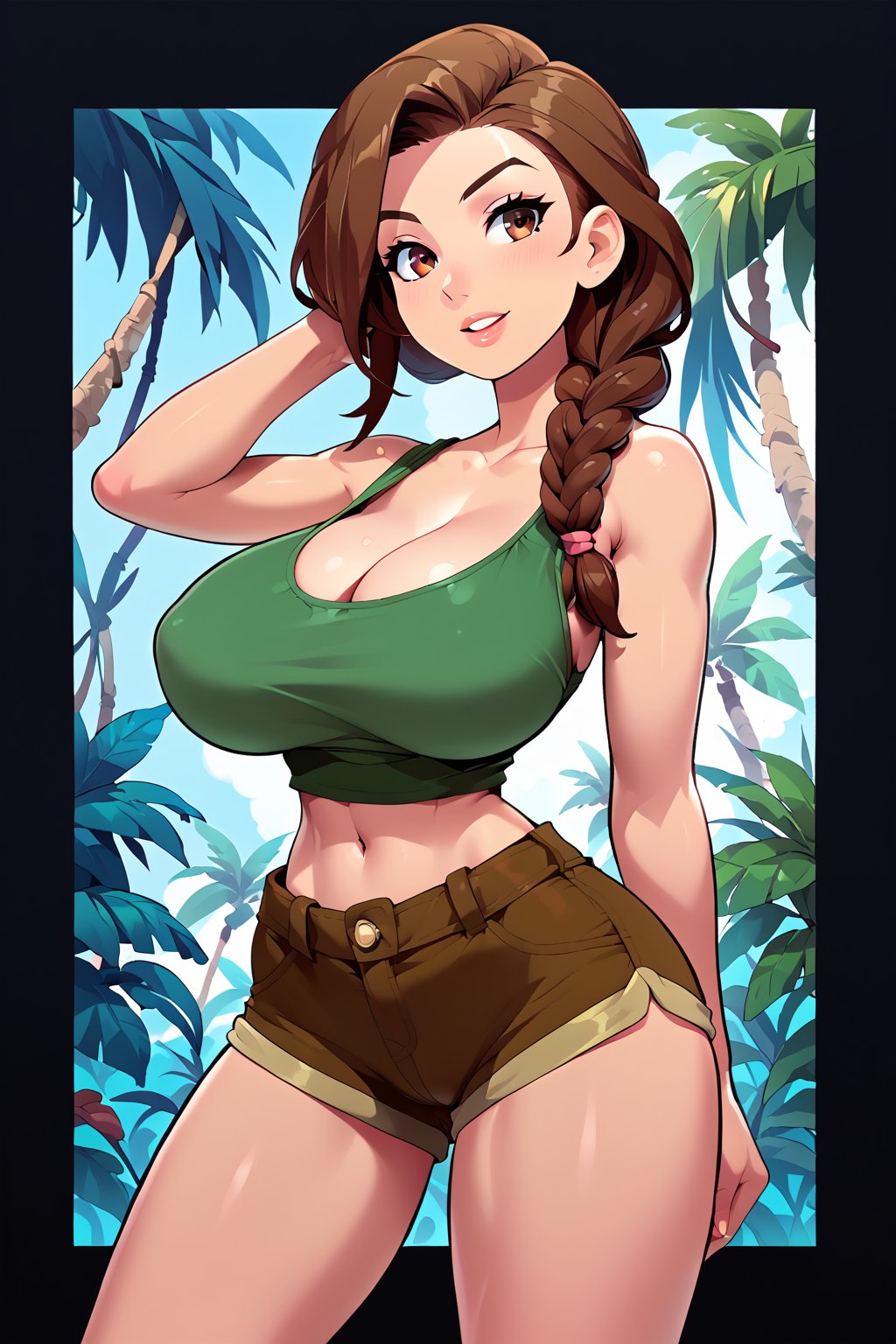 milfpeaches, score_9, score_8_up, score_8, 40 years old, tight green tank top, brown hair, long single braid hair, ((in a jungle)), looking sexy, busty woman, natural breasts, huge breasts, brown shorts, narrow waist, large brown boots,