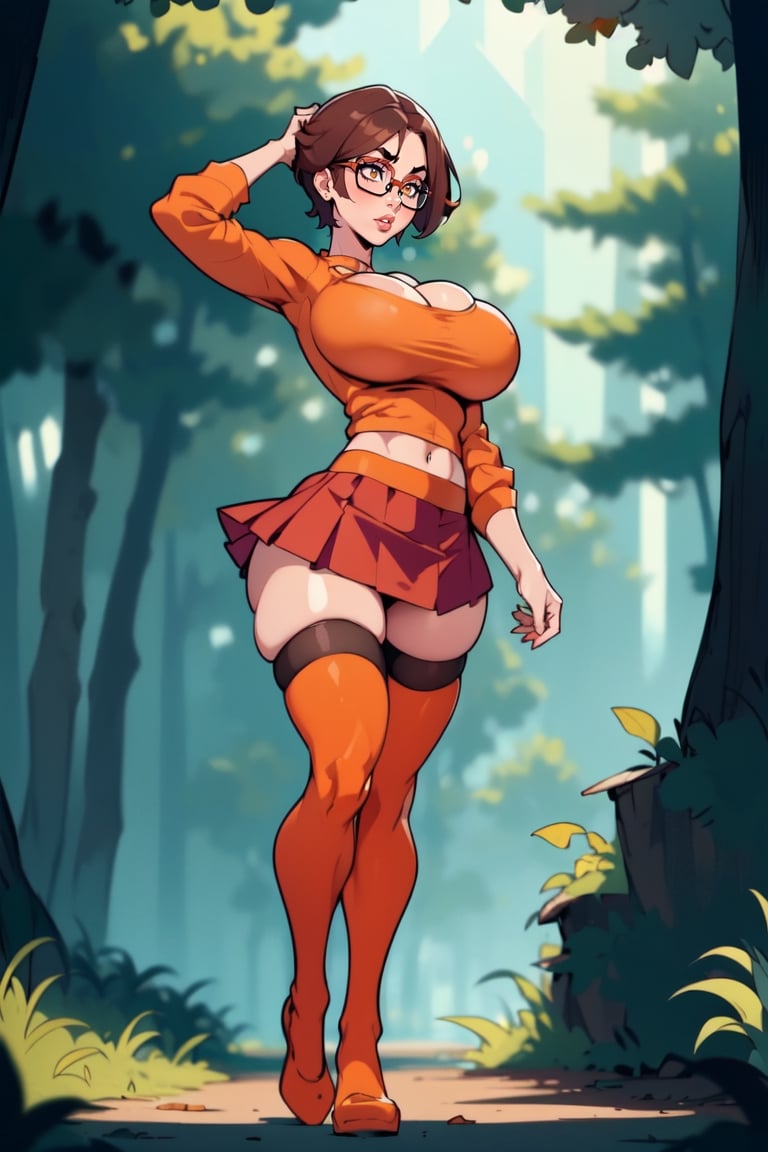 Masterpiece, Best Quality, perfect breasts, perfect face, perfect composition, UHD, 4k, (1girl), (((short red skirt))), (((long-sleeve orange  shirt))), in a forest, at night, busty woman, great legs, brown hair, short haircut, ((natural breasts)), ((square glasses)), ((black rimmed glasses)), thigh high stockings,