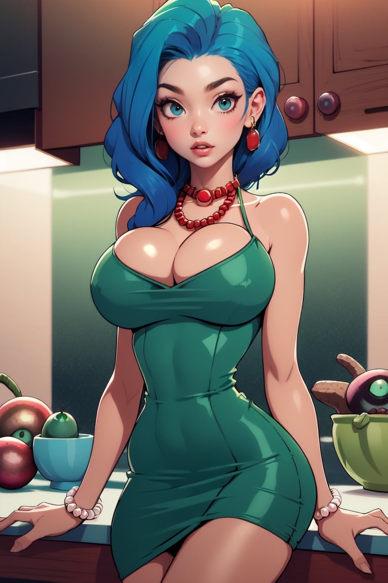 Masterpiece, Best Quality, perfect breasts, perfect face, perfect composition, UHD, highres, 4k, ((1girl)), dark brown eyes, (((short green dress))), bare shoulders, (((red pearl neacklace))), in a kitchen, busty woman, great legs, ((long blue hair)), ((natural breasts)),marge simpson