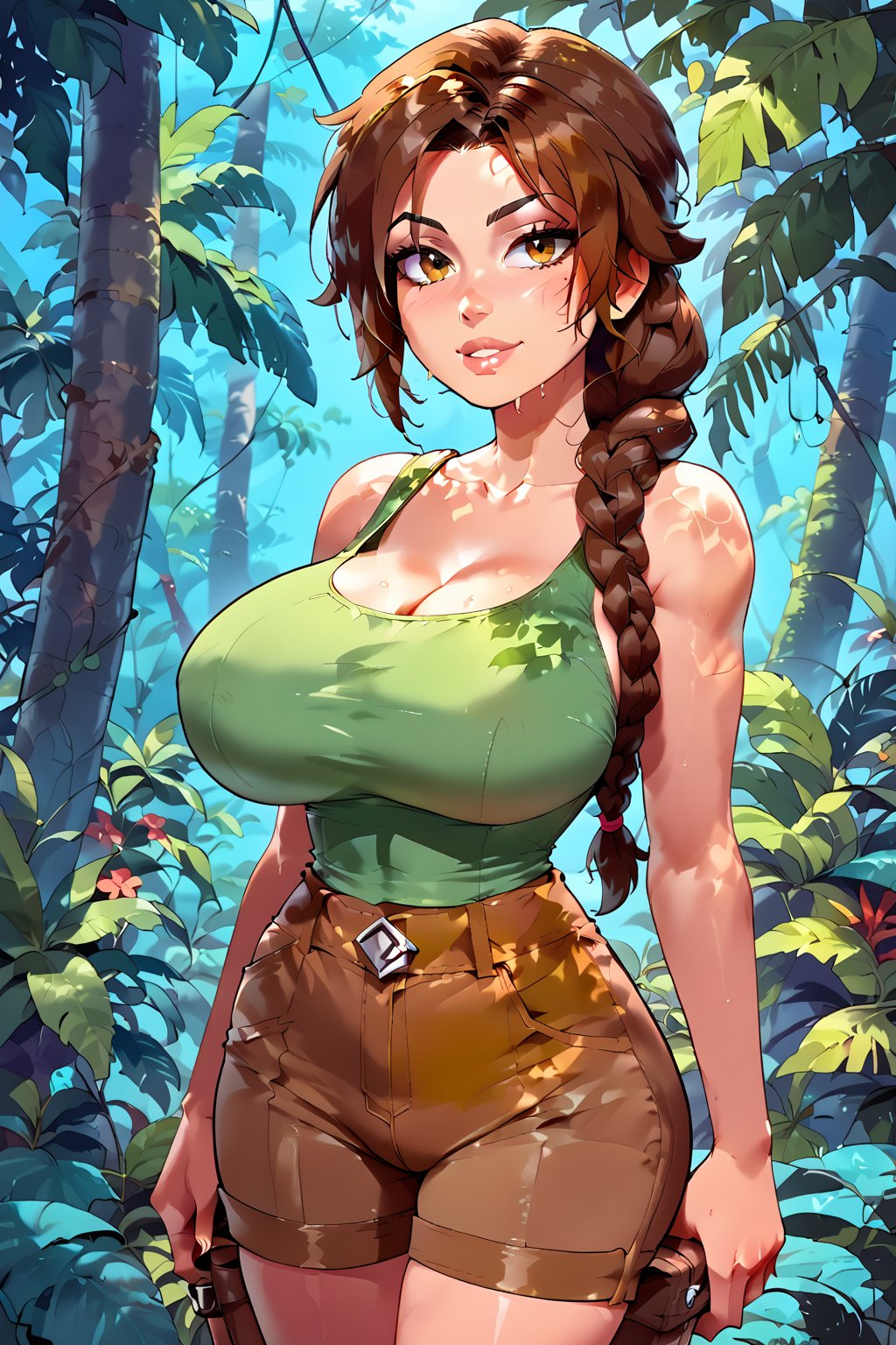 milfpeaches, score_9, score_8_up, score_8, 40 years old, tight green tank top, brown hair, long single braid hair, ((in a jungle)), looking sexy, busty woman, natural breasts, huge breasts, brown shorts, narrow waist, large brown boots,  Lara Croft ,