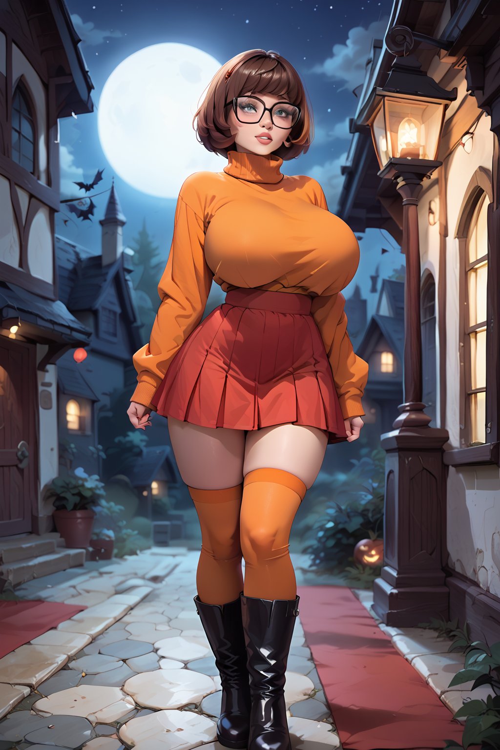 score_9, score_8_up, score_8, orange jumper, brown hair, bob hair cut, ((thick rimmed square glasses)), (huge breasts), sultry expression, in a haunted house at night, red skirt, slim waist, Velma dinkley, thighhighs, black boots,