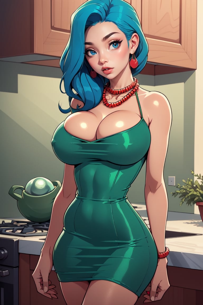 Masterpiece, Best Quality, perfect breasts, perfect face, perfect composition, UHD, highres, 4k, ((1girl)), dark brown eyes, (((short green dress))), bare shoulders, (((red pearl neacklace))), in a kitchen, busty woman, great legs, ((long blue hair)), ((natural breasts)),marge simpson