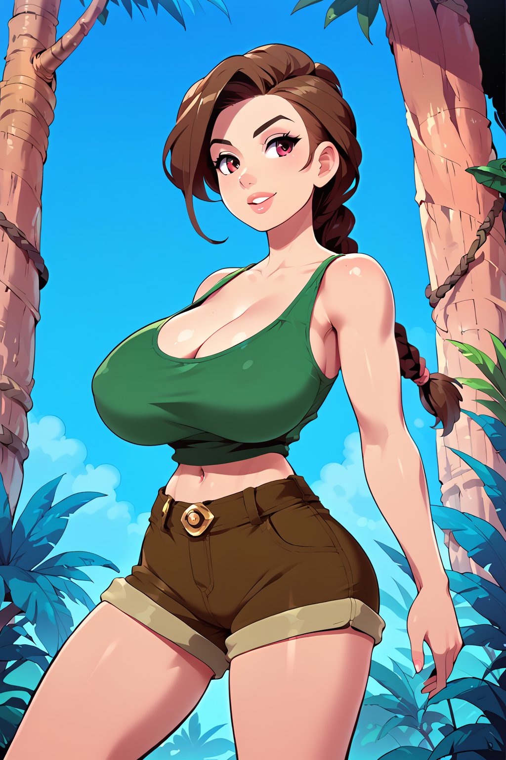 milfpeaches, score_9, score_8_up, score_8, 40 years old, tight green tank top, brown hair, long single braid hair, ((in a jungle)), looking sexy, busty woman, natural breasts, huge breasts, brown shorts, narrow waist, large brown boots,