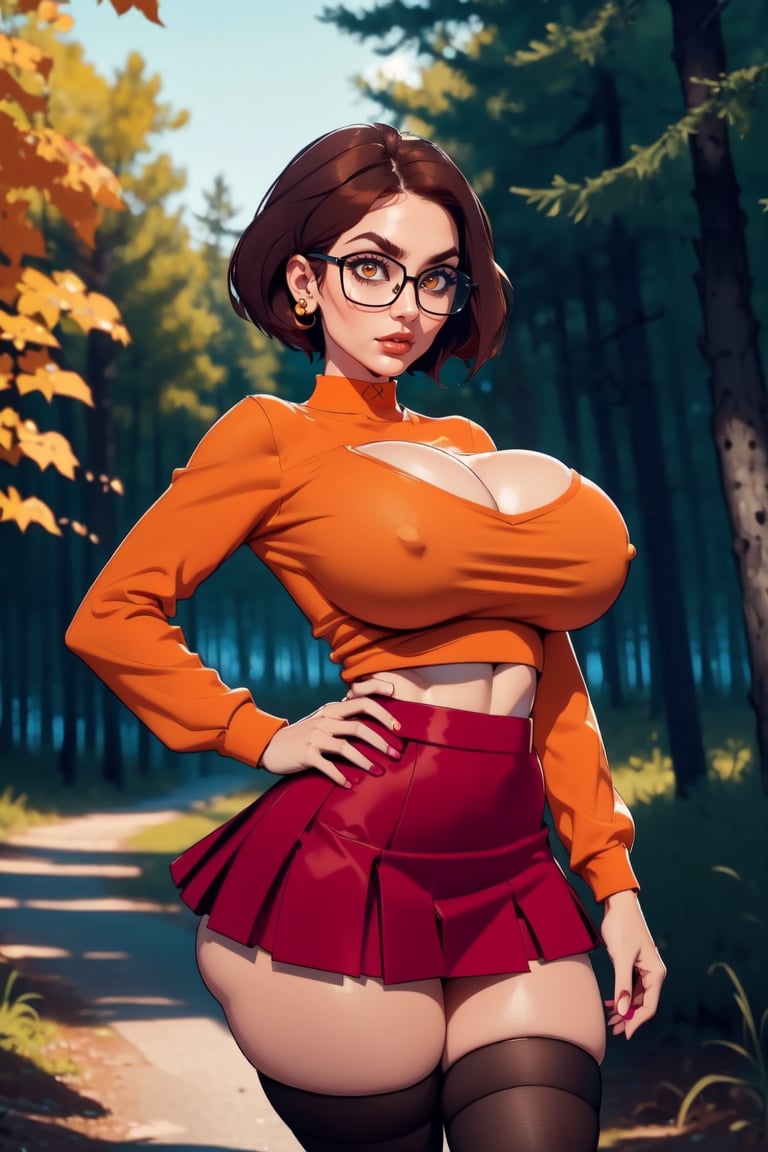 Masterpiece, Best Quality, perfect breasts, perfect face, perfect composition, UHD, 4k, (1girl), (((short red skirt))), (((long-sleeve orange  shirt))), in a forest, at night, busty woman, great legs, brown hair, short haircut, ((natural breasts)), ((square glasses)), ((black rimmed glasses)), thigh high stockings,