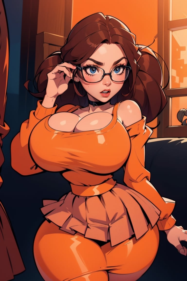 Masterpiece, Best Quality, perfect breasts, perfect face, perfect composition, UHD, 4k, ((1girl)), ((solo)), dark-brown eyes, (((short red skirt))), (((long-sleeve orange top))), in a gothic house, at night, busty woman, great legs, ((dark-brown hair)), shoulder-length hair, ((natural breasts)), (((thick rimmed glasses))), thigh high stockings, red lipstick,thepit, (cowboy shot),