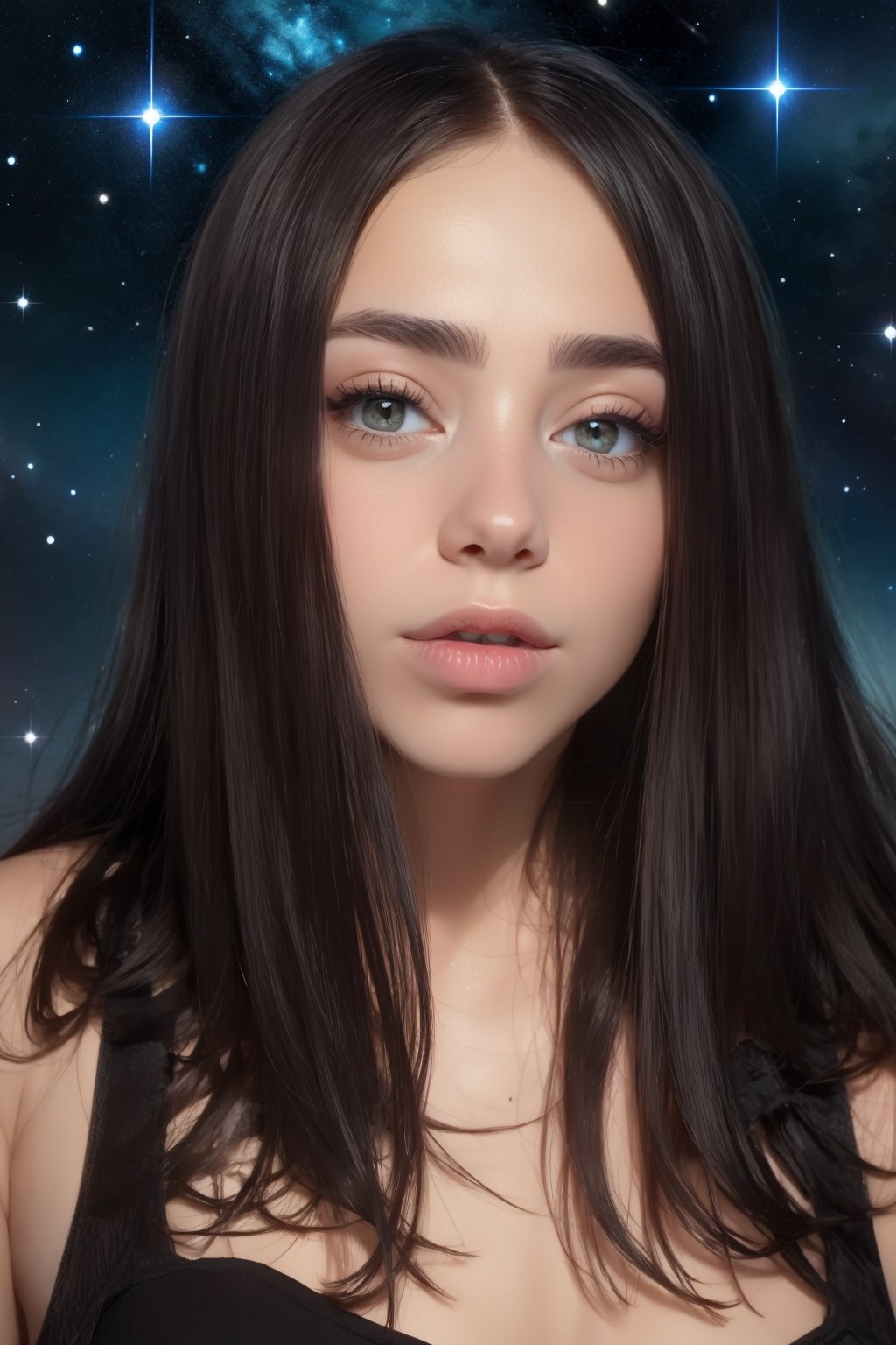 Solo. Woman, upper-body,  portrait_detailed, 

{{best quality}}, {{masterpiece}}, {{ultra-detailed}}, {illustration}, {detailed light}, {an extremely delicate and beautiful}, {beautiful detailed eyes}, stars in the eyes, messy floating hair, Starry sky adorns hair, 
,VVSS