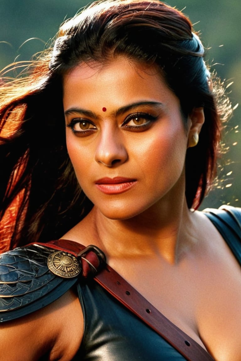  (Erotic high quality close-up photograph of Kajol  , tall fleshy figure ,Full body shot , toned curvy figure ),ultra-detailed,(realistic,photorealistic,photo-realistic),sword-wielding,ferocious,brave warrior,girl with a brave and determined expression,actress, gorgeous   facial features,expressive eyes, powerfull feminine energy fierce eyes,beautiful face,flowing hair,fine clothing and armor, round deep navel,powerful stance, sexualized confident posture,fierce battle scene, heroic aura,gritty texture,stark contrast between light and dark,mysterious lighting,splashes of red and black,dynamic movement,strong presence,unforgettable,portrait of resilience and strength.