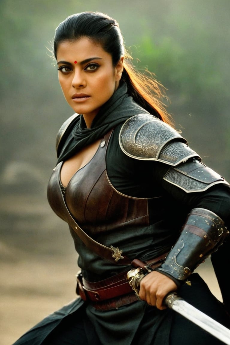  (Erotic high quality close-up photograph of Kajol  , tall fleshy figure ,Full body shot , toned curvy figure ),ultra-detailed,(realistic,photorealistic,photo-realistic),sword-wielding,ferocious,brave warrior,girl with a brave and determined expression,actress, gorgeous   facial features,expressive eyes, powerfull feminine energy fierce eyes,beautiful face,flowing hair,fine clothing and armor, round deep navel,powerful stance, sexualized confident posture,fierce battle scene, heroic aura,gritty texture,stark contrast between light and dark,mysterious lighting,splashes of red and black,dynamic movement,strong presence,unforgettable,portrait of resilience and strength.