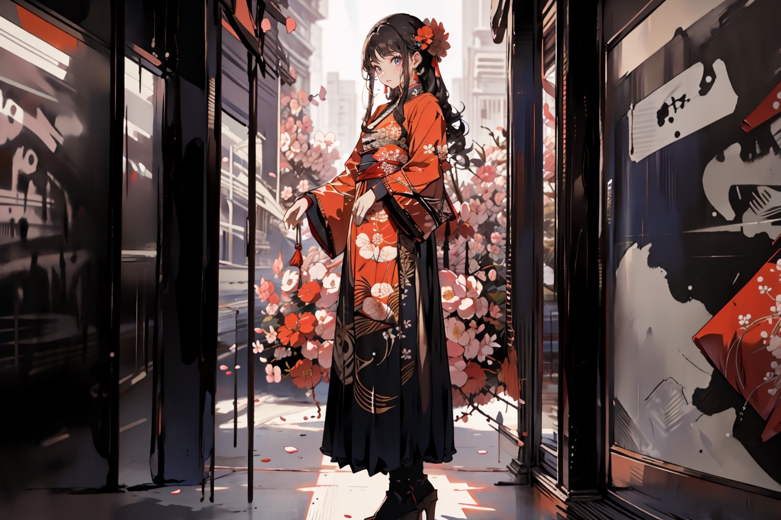 2girl,shake hands，Smile， long hair, black hair, hair ornament, long sleeves, dress, holding, jewelry, standing, full body, flower, earrings, hair flower, wide sleeves, necklace, tree, petals, chinese clothes, letterboxed, cherry blossoms, tassel, hand fan, folding fan, holding fan, hanfu,ancient_beautiful,perfect,hand