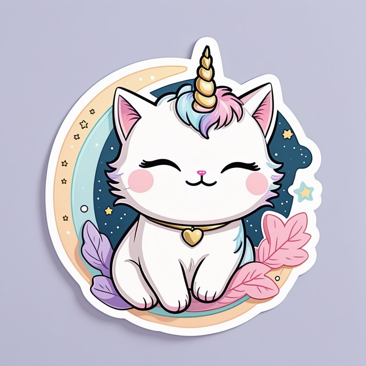 stickers, cute illustration of a unicorn cat, colorful_shapes, kawaii, no bg, pastel colors, delimited lines for cutting,sticker, cute cat sleepling on the moon
