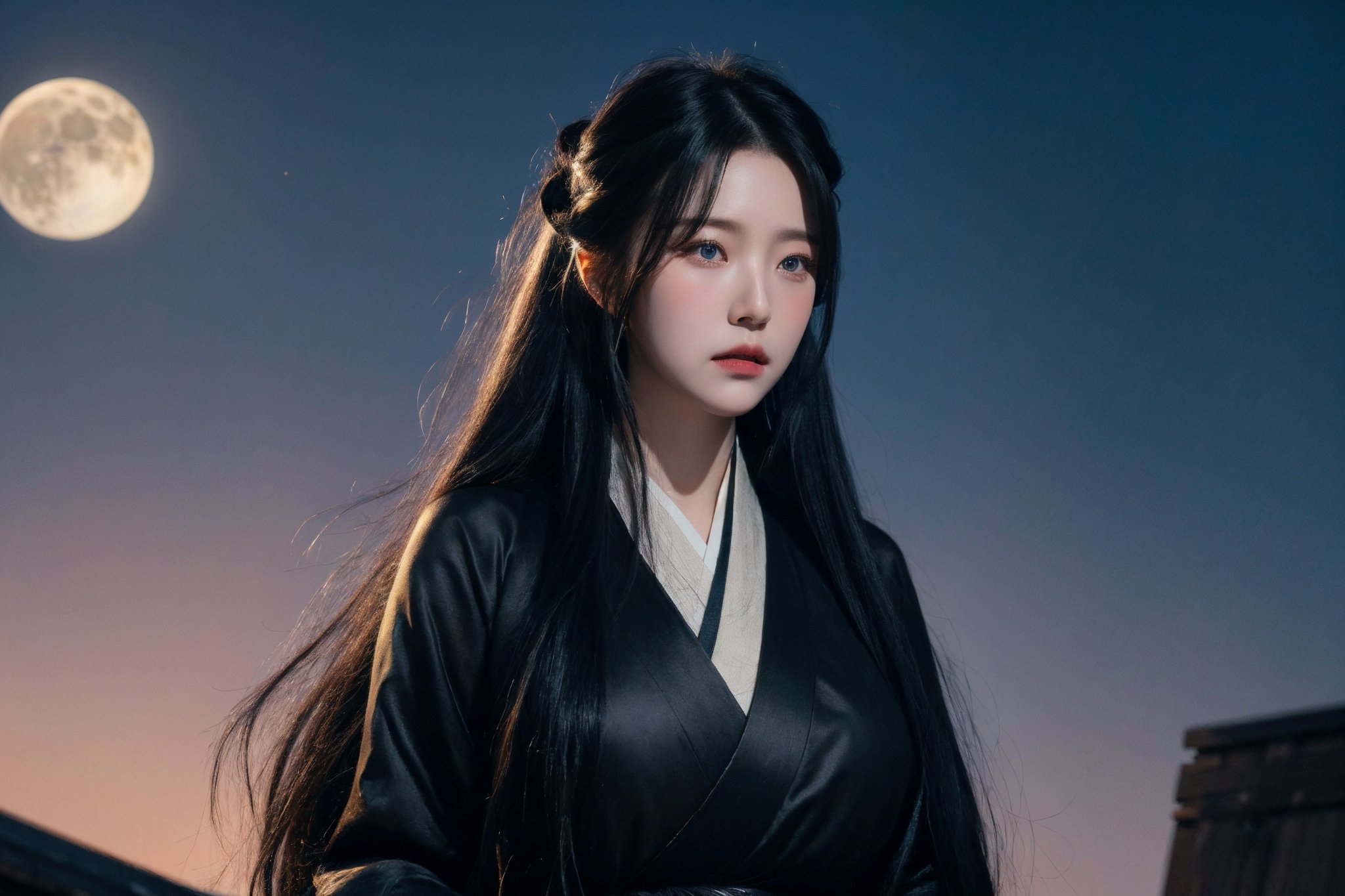 (high quality:1.2), cinematic lighting, extremely detailed,  best quality, masterpiece, photorealistic, high resolution, 8K raw photo, 1girl, long black hair, black traditional hanfu, elegant pose, blue eyes, large breats, large ass, stary moon background, optimized graphics, curvy_figure