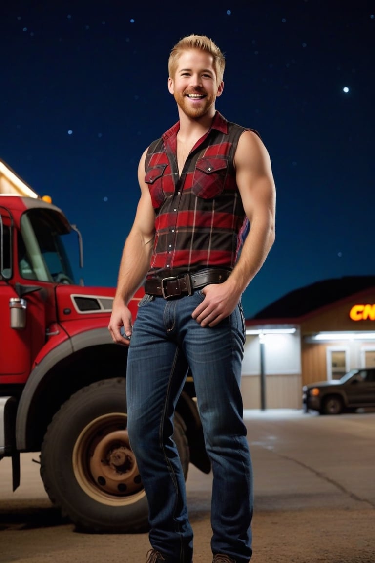 One male, full body shot, man, facial scruff, standing, Jason Dolley, blond, fauxhawk, blue eyes, black leather belt, short black hiking shoes, sleeveless plaid shirt, sexy man, masculine, faded jeans, big crotch, big bulge, bulge crotch, truck stop, dark night, hand on crotch, smirk, hairy arms, hairy chest, hairy armpits, athletic body, trucker, olive trucker cap