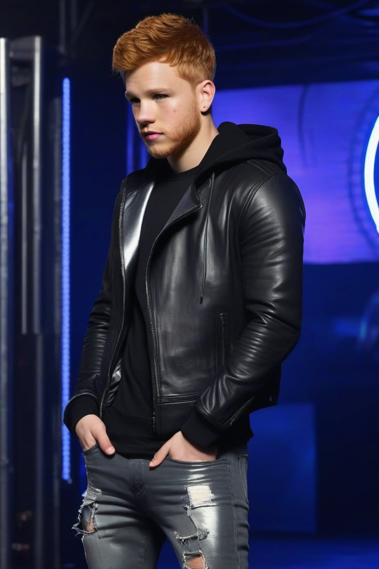 Cyberpunk, Max Thieriot, male prostitute, ginger hair, cyberpunk Mohawk, young man, full body, show feet, metal jeans, big bulge behind crotch, torn hoodie, chrome jacket, chrome shoes, nightclub 