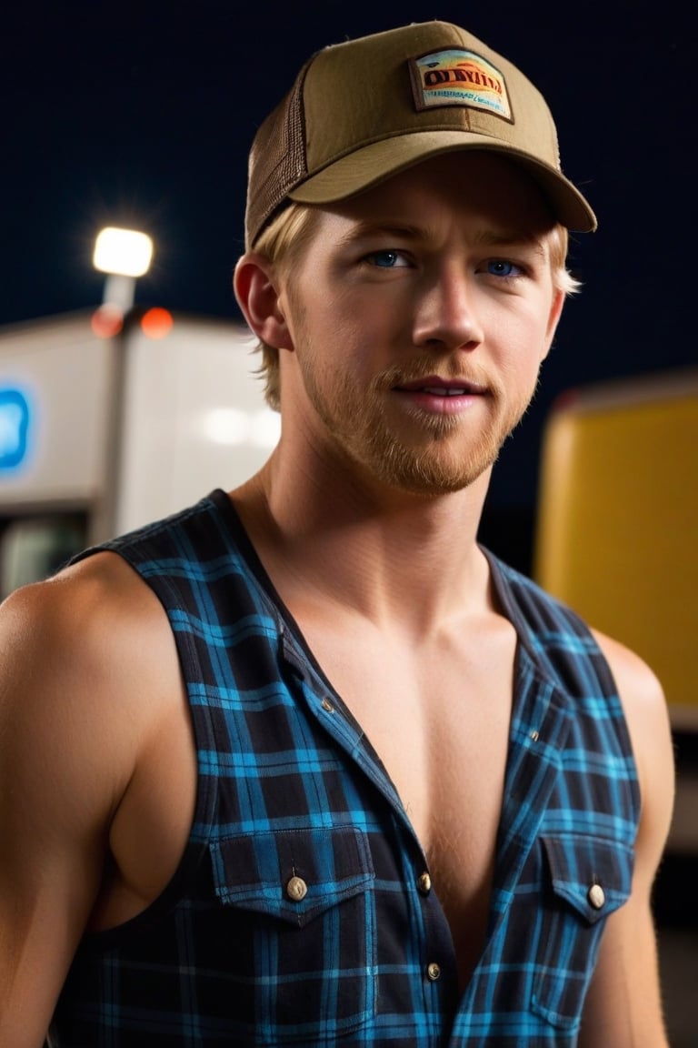 One male, close up shot, dorky man, facial scruff, standing, Jason Dolley, blond, mohawk_(hair_style), blue eyes, sleeveless plaid buttoned shirt, truck stop, dark night, hairy armpits, athletic body, trucker, olive ballcap