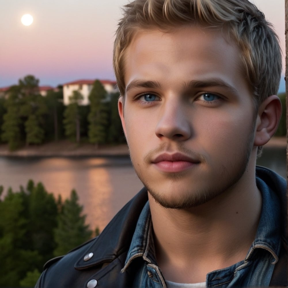 Night, One male, Max Thieriot, full body, trees, lake, fit body type, Handsome face, rugged, eyes with brightness, eyebrows same as hair, blue eyes, dark night sky, large moon in sky, sandy blonde hair, Max Thieriot, crew cut hair, leather jacket, light blue jeans, black biker boots, teenager, young