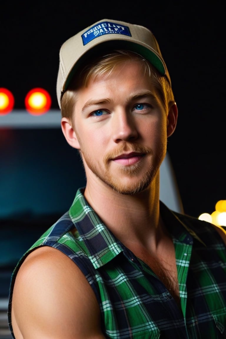 One male, close up shot, dorky man, facial scruff, standing, Jason Dolley, blond, crew cut, blue eyes, sleeveless green plaid buttoned shirt, white undershirt, truck stop, dark night, hairy armpits, athletic body, trucker, olive ballcap