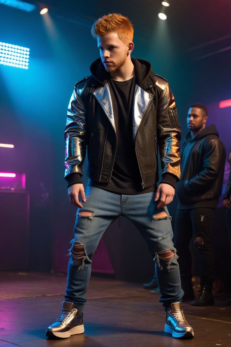 Cyberpunk, Max Thieriot, male prostitute, ginger hair, cyberpunk Mohawk, young man, full body, show feet, metal jeans, big bulge behind crotch, torn hoodie, chrome jacket, chrome shoes, nightclub 