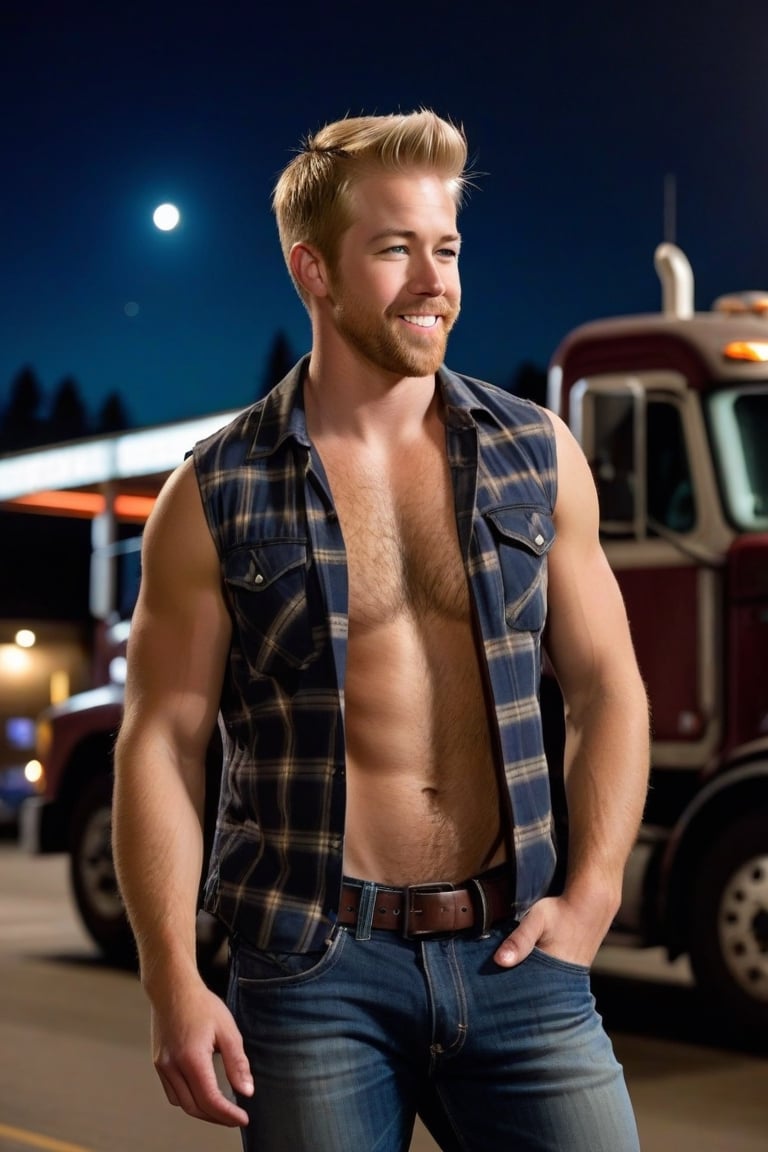 One male, full body shot, man, facial scruff, standing, Jason Dolley, blond, fauxhawk, blue eyes, black leather belt, short black hiking shoes, sleeveless plaid shirt, sexy man, masculine, faded jeans, big crotch, big bulge, bulge crotch, truck stop, dark night, hand on crotch, smirk, hairy arms, hairy chest, hairy armpits, athletic body, trucker, olive ballcap