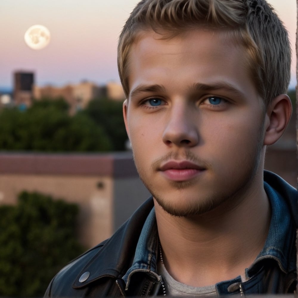 Night, dark, One male, Max Thieriot, full body, alley, city, fit body type, Handsome face, rugged, eyes with brightness, blue eyes, dark night sky, large moon in sky, sandy blonde hair, Max Thieriot, crew cut hair, black leather jacket, teenager, young