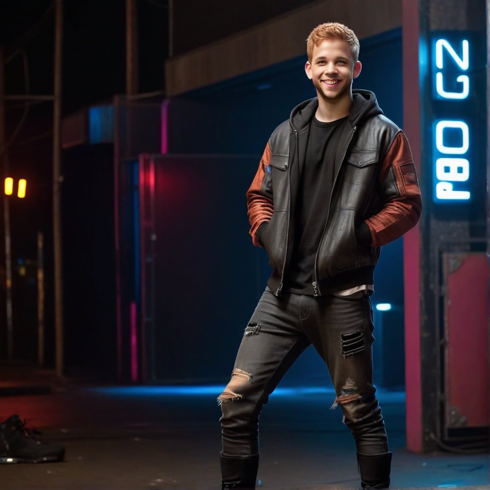 Night, dark, One male, Max Thieriot, full body, nightclub, fit body type, Handsome face, rugged, eyes with brightness, blue eyes, ginger hair, Max Thieriot, crew cut hair, cyberpunk jacket, torn hoodie, tank top, metal jeans, cyberpunk shoes, teenager, young, smile