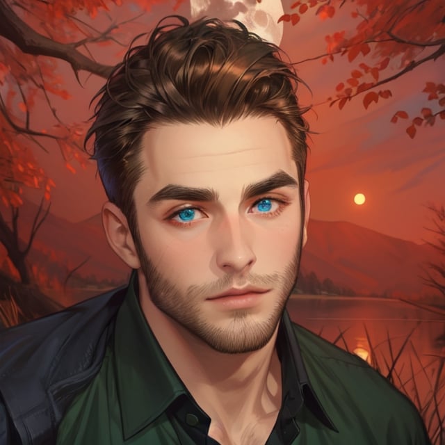 One male, trees, lake, fit body type, Handsome face, rugged, eyes with brightness, eyebrows same as hair, dark blue eyes, dark night sky, large moon in sky, dark brown hair, Sean Durrie, Dylan Faden, Mohawk, green shirt, black undershirt, hairy arms, facial scruff