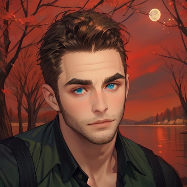 One male, trees, lake, fit body type, Handsome face, rugged, eyes with brightness, eyebrows same as hair, dark blue eyes, dark night sky, large moon in sky, dark brown hair, Sean Durrie, Dylan Faden, Mohawk, green shirt, black undershirt, hairy arms, facial scruff