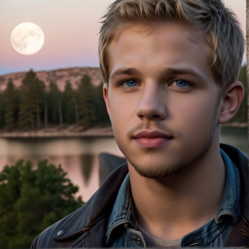 Night, One male, Max Thieriot, full body, trees, lake, fit body type, Handsome face, rugged, eyes with brightness, blue eyes, dark night sky, large moon in sky, sandy blonde hair, Max Thieriot, crew cut hair, leather jacket, teenager, young