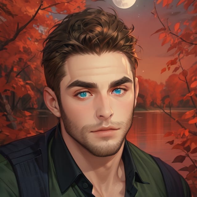 One male, trees, lake, fit body type, Handsome face, rugged, eyes with brightness, eyebrows same as hair, dark blue eyes, dark night sky, large moon in sky, dark brown hair, Sean Durrie, Dylan Faden, Mohawk, green shirt, black undershirt, hairy arms, facial scruff