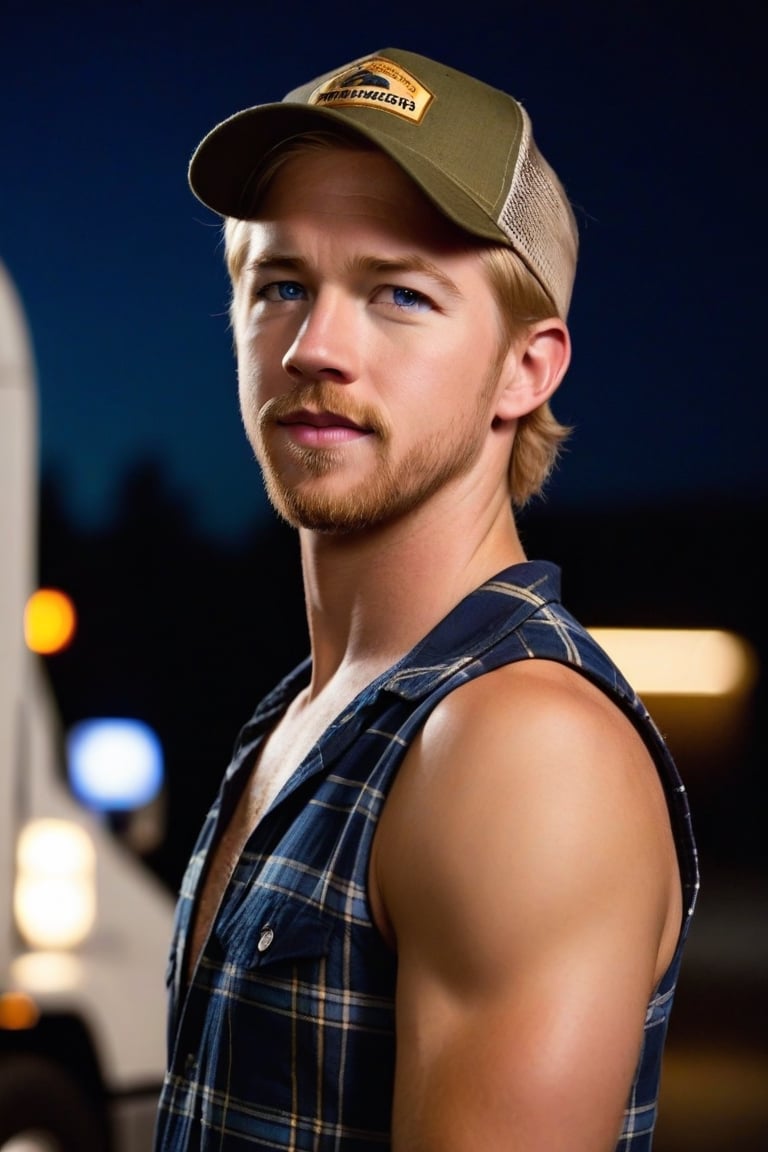 One male, close up shot, dorky man, facial scruff, standing, Jason Dolley, blond, mohawk_(hair_style), blue eyes, sleeveless plaid buttoned shirt, truck stop, dark night, hairy armpits, athletic body, trucker, olive ballcap