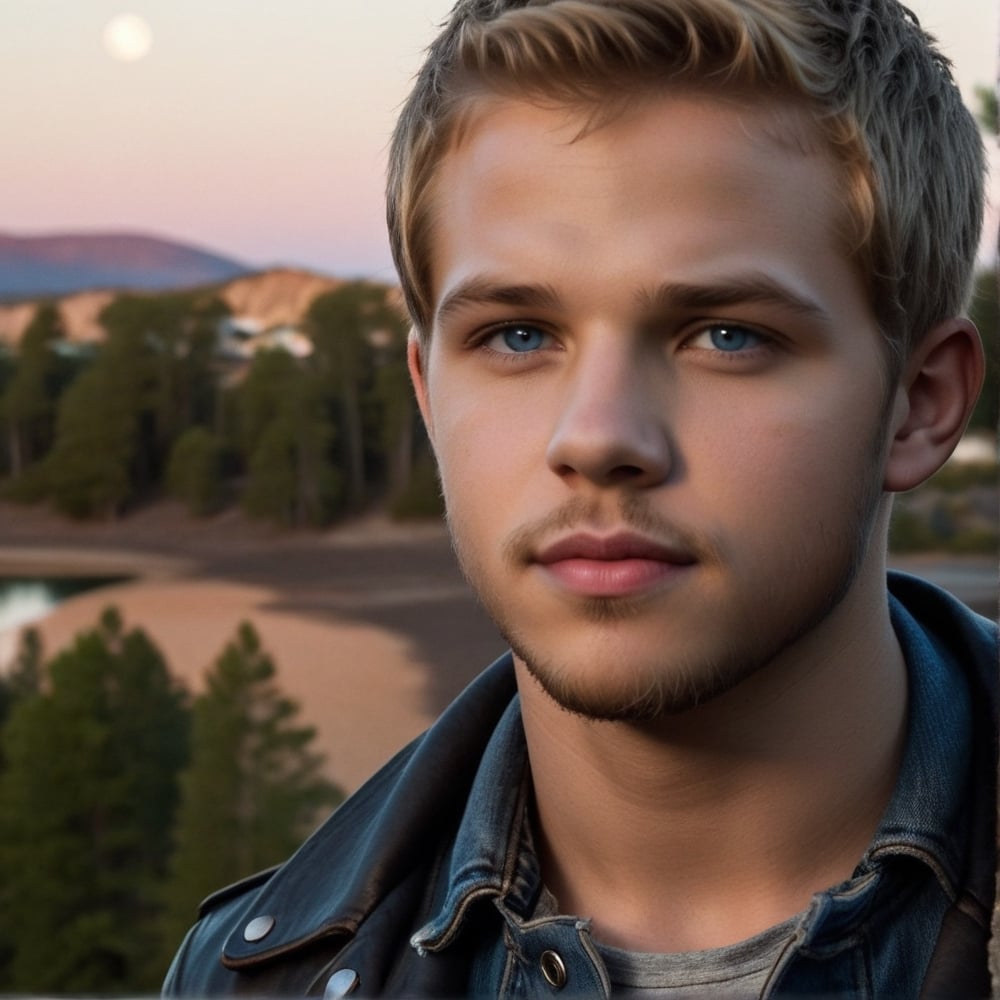 One male, Max Thieriot, full body, trees, lake, fit body type, Handsome face, rugged, eyes with brightness, eyebrows same as hair, blue eyes, dark night sky, large moon in sky, sandy blonde hair, Max Thieriot, crew cut hair, leather jacket, light blue jeans, black biker boots, teenager, young