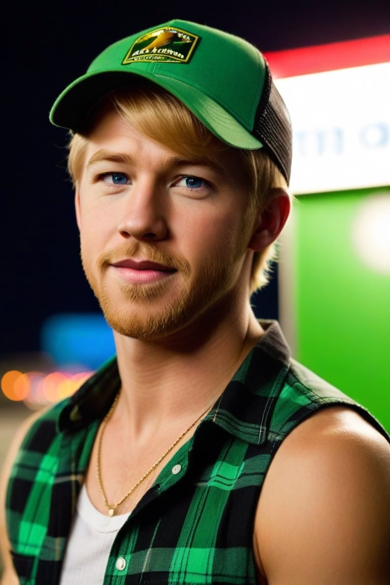 One male, close up shot, dorky man, facial scruff, standing, Jason Dolley, blond, mohawk_(hair_style), blue eyes, sleeveless green plaid buttoned shirt, white undershirt, truck stop, dark night, hairy armpits, athletic body, trucker, olive ballcap