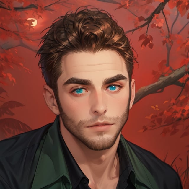 One male, trees, lake, fit body type, Handsome face, rugged, eyes with brightness, eyebrows same as hair, dark blue eyes, dark night sky, large moon in sky, dark brown hair, Sean Durrie, Dylan Faden, Mohawk, green shirt, black undershirt, hairy arms, facial scruff