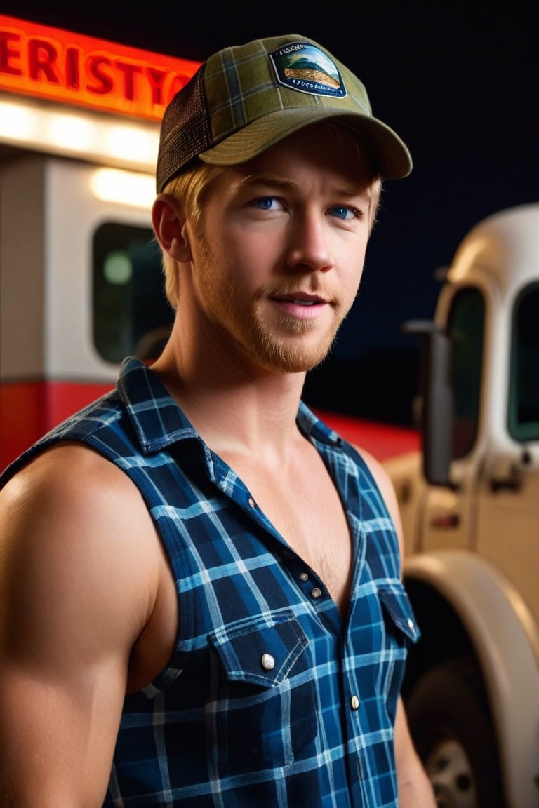 One male, close up shot, dorky man, facial scruff, standing, Jason Dolley, blond, mohawk_(hair_style), blue eyes, sleeveless plaid shirt, truck stop, dark night, hairy armpits, athletic body, trucker, olive ballcap