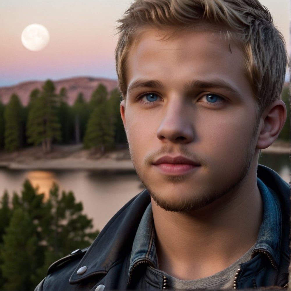 Night, One male, Max Thieriot, full body, trees, lake, fit body type, Handsome face, rugged, eyes with brightness, blue eyes, dark night sky, large moon in sky, sandy blonde hair, Max Thieriot, crew cut hair, black leather jacket, teenager, young