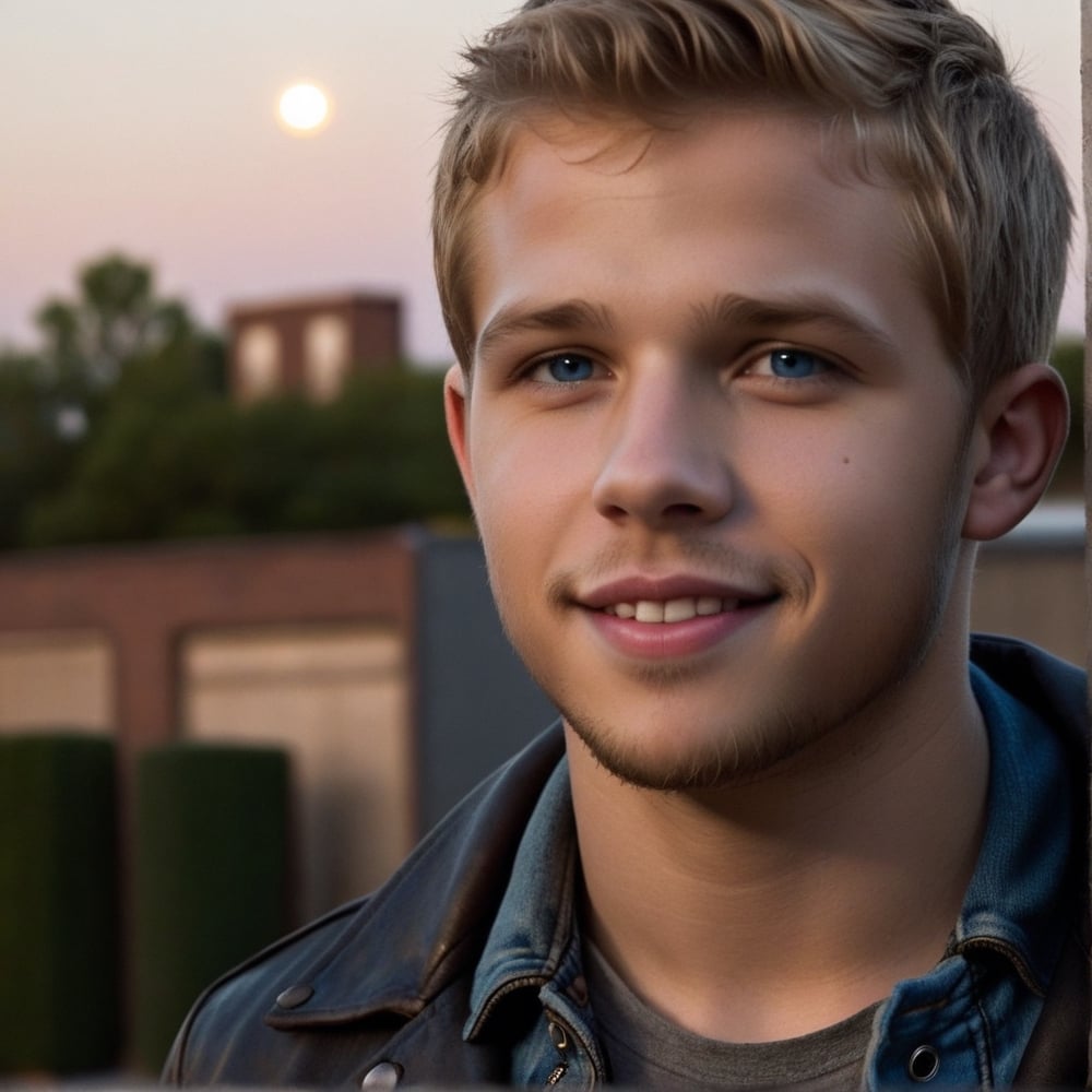 Night, dark, One male, Max Thieriot, full body, alley, warehouse, fit body type, Handsome face, rugged, eyes with brightness, blue eyes, dark night sky, large moon in sky, sandy blonde hair, Max Thieriot, crew cut hair, black leather jacket, teenager, young, smile