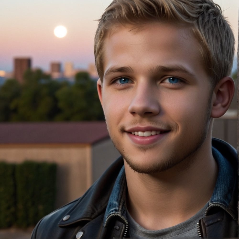 Night, dark, One male, Max Thieriot, full body, alley, warehouse, fit body type, Handsome face, rugged, eyes with brightness, blue eyes, dark night sky, large moon in sky, sandy blonde hair, Max Thieriot, crew cut hair, black leather jacket, teenager, young, smile