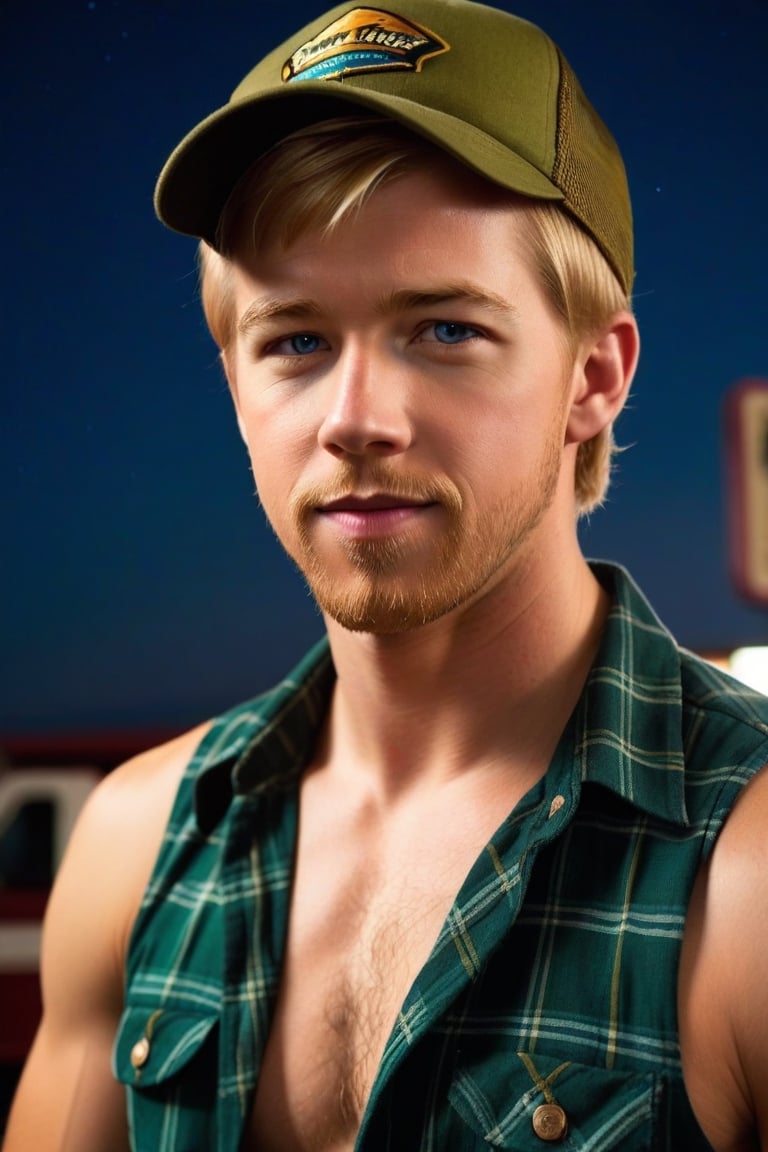 One male, close up shot, dorky man, facial scruff, standing, Jason Dolley, blond, mohawk_(hair_style), blue eyes, sleeveless green plaid buttoned shirt, truck stop, dark night, hairy armpits, athletic body, trucker, olive ballcap