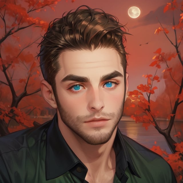 One male, trees, lake, fit body type, Handsome face, rugged, eyes with brightness, eyebrows same as hair, dark blue eyes, dark night sky, large moon in sky, dark brown hair, Sean Durrie, Dylan Faden, Mohawk, green shirt, black undershirt, hairy arms, facial scruff