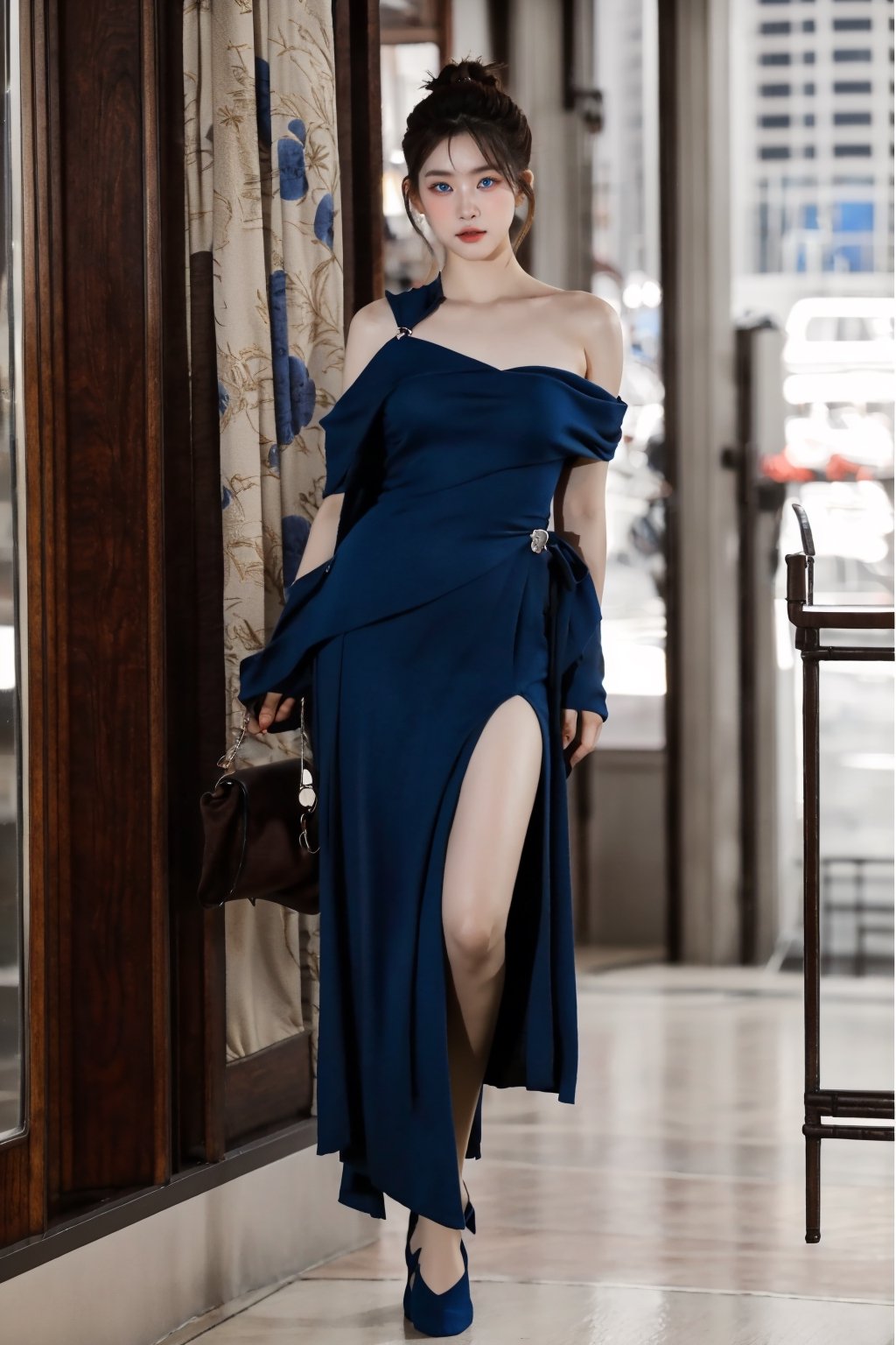 a realistic, cute model japanese girl blue eye, ultra real full body standing shot photo of 20 years old woman, Blue eyes. wearing a seductive outfit