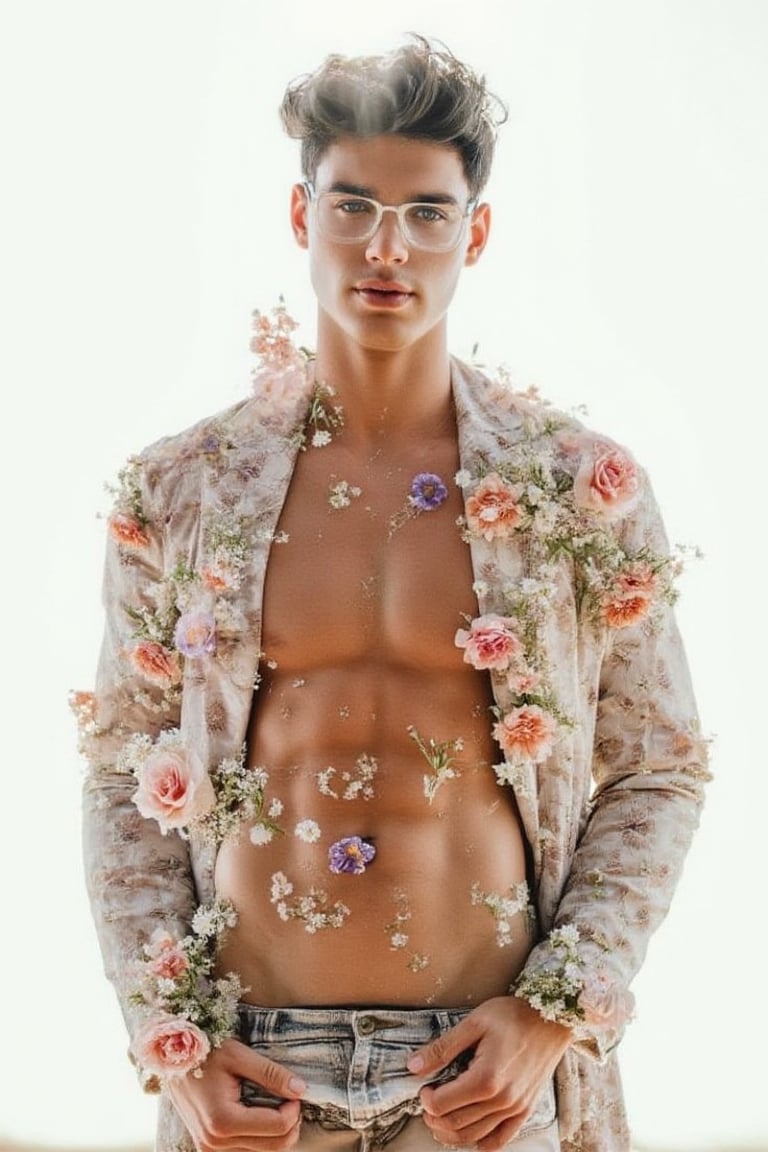 ((solo boy)), (1boy), masterpiece,best quality,official art, extremely detailed, solo boy, young boy, 18 years old, blue eyes, 6 pack abs, muscle, college boy, wearing glasses, ((wearing a coat made out of clear nylon glasses)), beam of sun light reflect on the face and every inch of abs, ((multiple bouquet of flowers decorated on the body)), looking at the viewer, standing in the white background studio, full-body_portrait, 