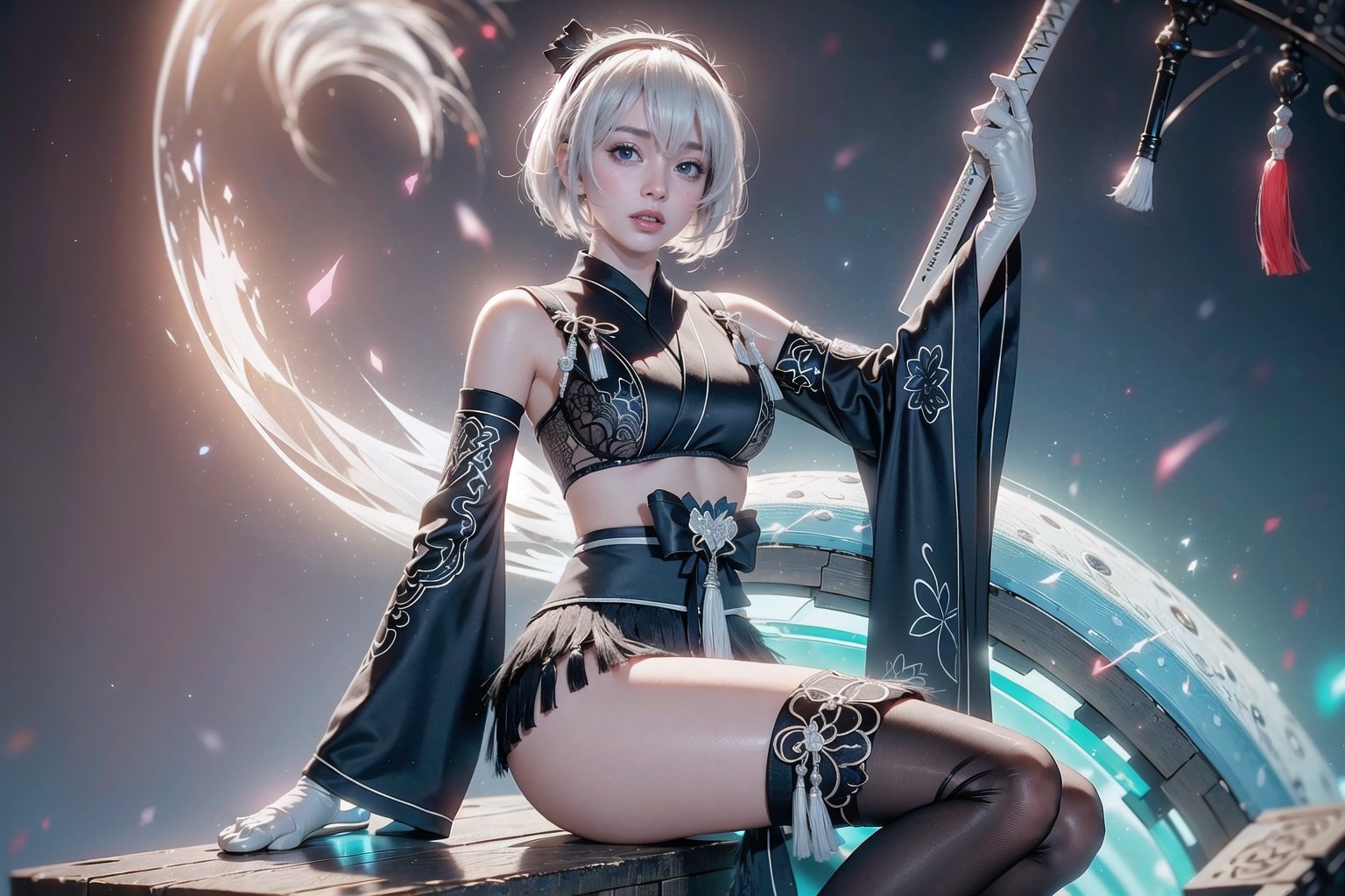 (Masterpiece, highest quality, high resolution, ultra-detailed, 16K, intricate, high contrast, HDR, vibrant color, RAW photo, (photorealistic:1.2), beautiful and aesthetic), cinematic lighting, medium breasts, tall and slim body, (((yorha no. 2 type b, silver white hair, 1girl, solo, hair over one eye, blue eye, hairband, black kimono, detached sleeves, wide sleeves, thighhighs, japanese clothes, tassels, bra peek))), glowing hair, looking at the viewer, futuristic, elegant, glowing, chaos, mysterious, magical, mystical, moon, cosmic, space, galaxy, portal, scenic, landscape, iconic, temple, bonsai forest, Japanese ancient streets, holding her swords, (wide shot:1.2), neon background, sitting on the edge, view from side