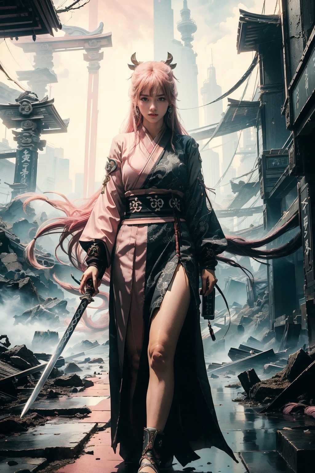(Highest quality, masterpiece, (photorealistic:1.2), high resolution, 8K raw photo, ultra-detailed, beautiful and aesthetic), Realism, cinematic lighting, soft lighting, medium breasts, tall, slim body, 1girl, (((Genshin Impact, Yae Miko, yaemikodef, long hair, pink hair))), temple, (torii:1.2), evening, neon lights, futuristic, elegant, glowing, mysterious, meditation, chaos, destruction, storm, scenic, iconic, midjourney, cyberpunk, neo-tokyo, scifi, looking at viewer, light and dark, life and death, 2-tone body, walking towards viewer, holding large sword, nodf_lora, surrounded by multiple swords stabbed into the ground