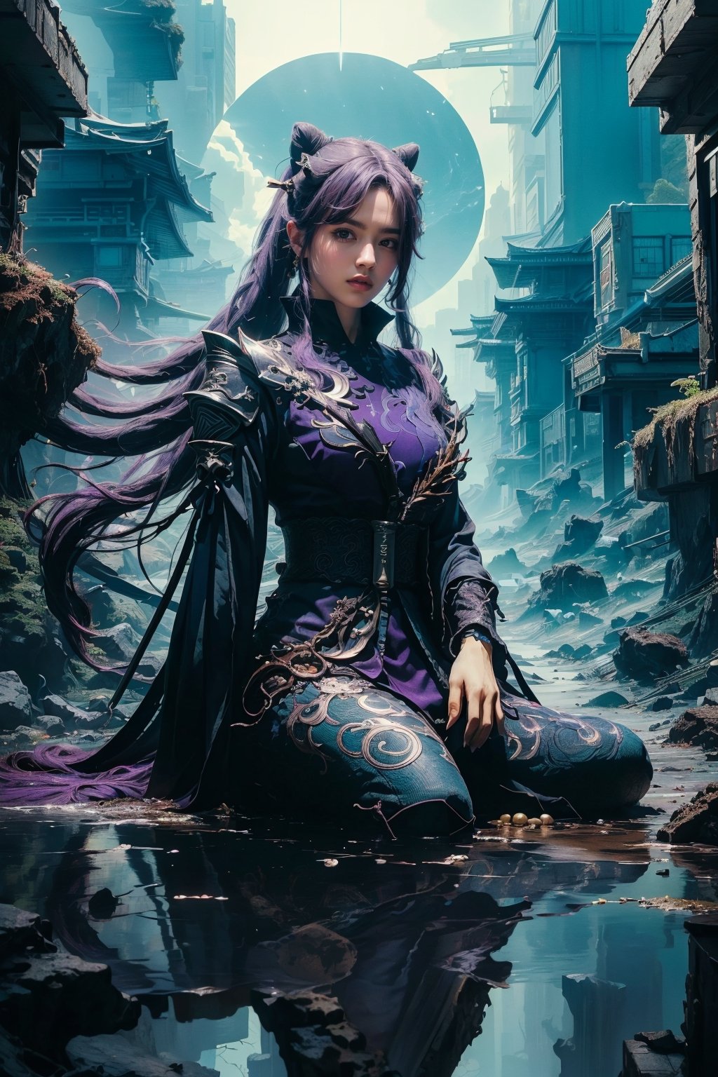 (Highest quality, masterpiece, (photorealistic:1.2), high resolution, 8K raw photo, ultra-detailed, beautiful and aesthetic), Realism, cinematic lighting, soft lighting, medium breasts, tall, slim body, 1girl, (((Genshin Impact, Keqing, keqingdef, long hair, purple hair))), temple, (torii:1.2), evening, neon lights, futuristic, elegant, glowing, mysterious, meditation, chaos, destruction, ocean, storm, scenic, iconic, midjourney, cyberpunk, neo-tokyo, scifi, looking at viewer, light and dark, life and death, 2-tone body, holding large sword, nodf_lora, surrounded by multiple swords stabbed into the ground