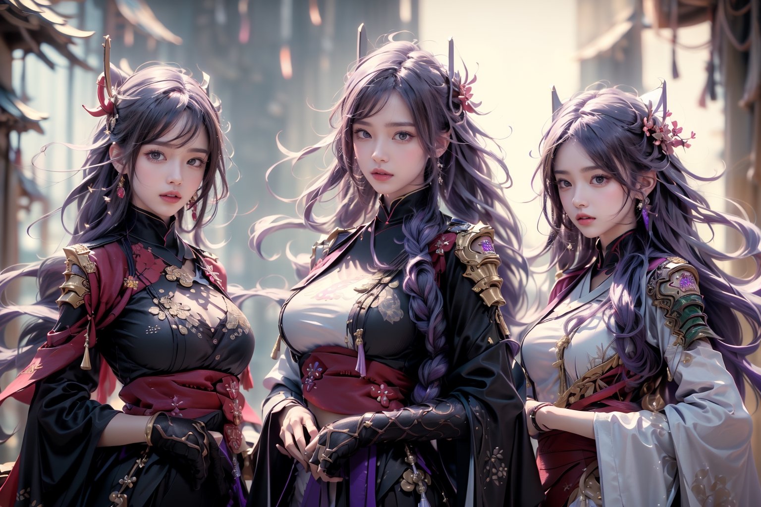 (Masterpiece, highest quality, high resolution, ultra-detailed, 16K, intricate, high contrast, HDR, vibrant color, RAW photo, (photorealistic:1.2), beautiful and aesthetic), cinematic lighting, soft lighting, medium breasts, tall and slim body, group of girls, 3girls, (((Genshin Impact, Raiden Shogun, raidenshogundef, Yae Miko, yaemikodef, Shenhe, shenhedef, long hair, purple hair, pink hair, silver white hair))), glowing hair, looking at the viewer, temple, torii, bonsai forest, evening, neon lights, futuristic, elegant, glowing, mysterious, meditation, magical, mystical, raging sun, eclipse, cosmic, space, galaxy, portal, scenic, landscape, iconic, cyberpunk, scifi, neon background, midjourney, GdClth, full body shot, samurai, dual wield, katanas