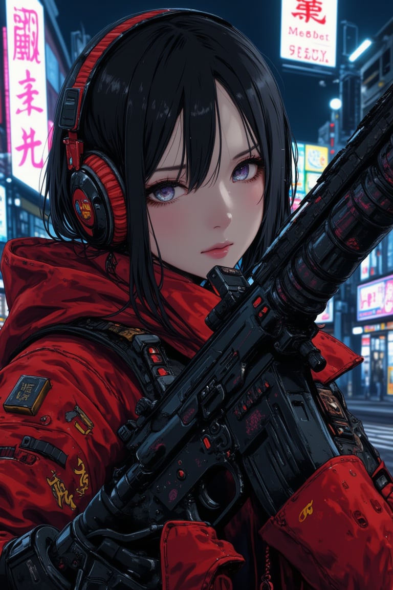 cyberpunk anime, stunning Japanese woman wearing red and black sci-fi power armour, headphones, dark eyeshadow, holding assault rifle on cyberpunk street at night, neon signs and advertising, bokeh, side lighting,ct-physmstyle