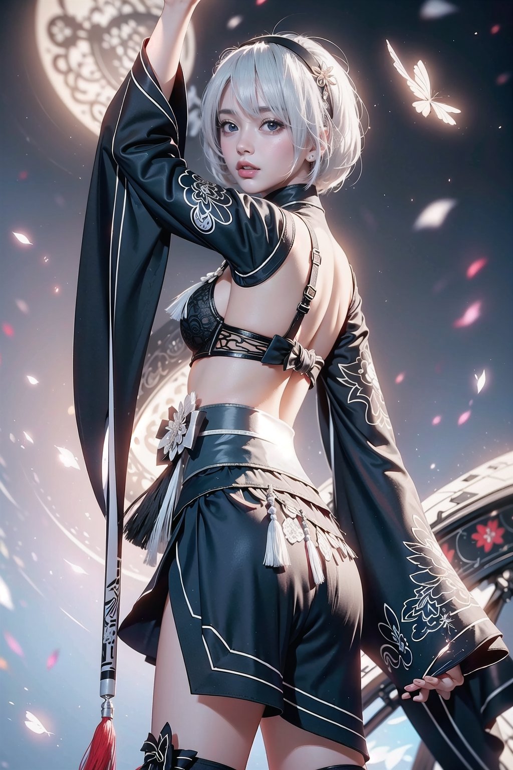 (Masterpiece, highest quality, high resolution, ultra-detailed, 16K, intricate, high contrast, HDR, vibrant color, RAW photo, (photorealistic:1.2), beautiful and aesthetic), cinematic lighting, medium breasts, tall and slim body, (((yorha no. 2 type b, silver white hair, 1girl, solo, hair over one eye, blue eye, hairband, black kimono, detached sleeves, wide sleeves, thighhighs, japanese clothes, tassels, bra peek))), glowing hair, looking at the viewer, futuristic, elegant, glowing, chaos, mysterious, magical, mystical, moon, cosmic, space, galaxy, portal, scenic, landscape, iconic, temple, bonsai forest, ancient Japan, holding her swords, wide shot, neon background, view from behind