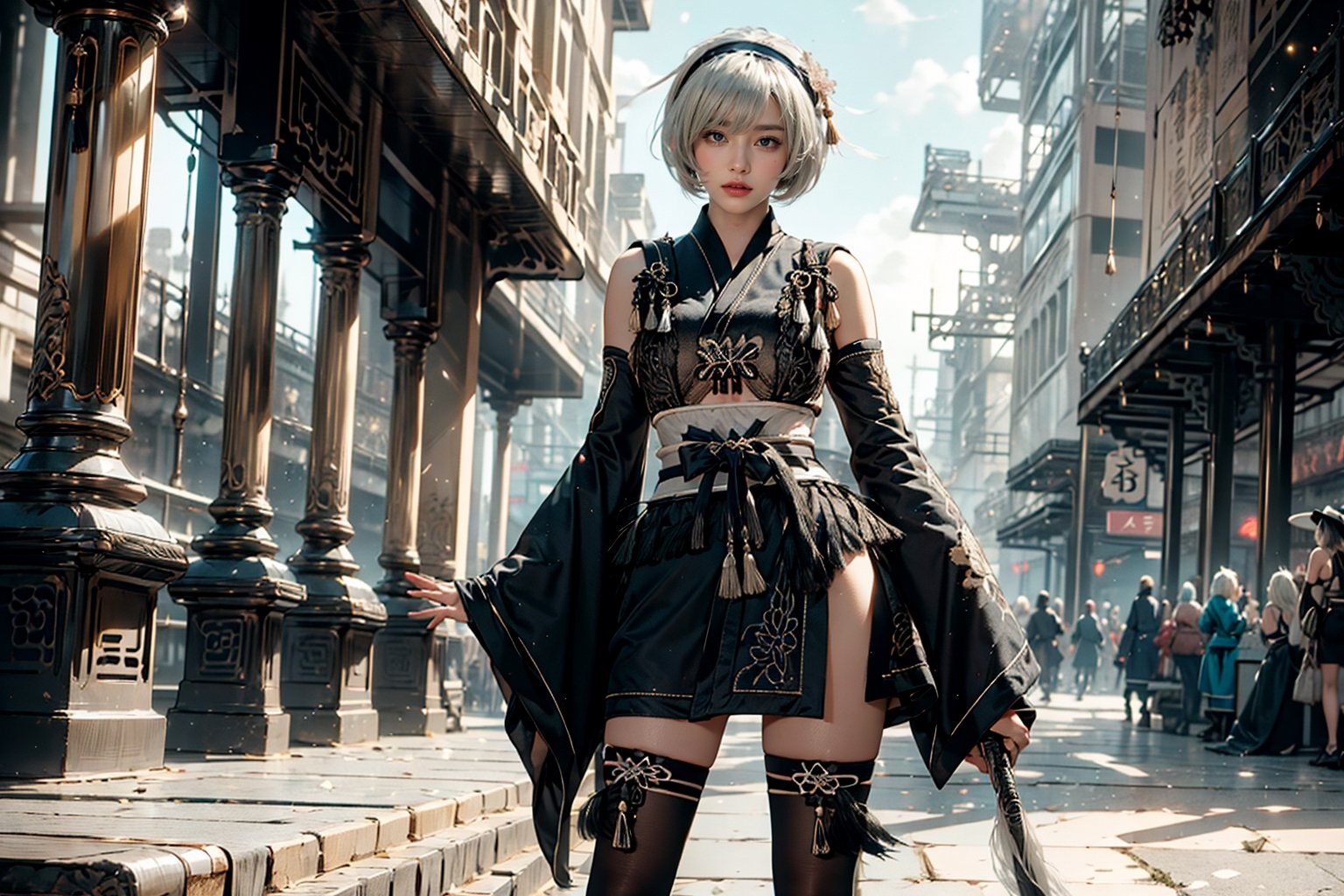 (Masterpiece, highest quality, high resolution, ultra-detailed, 16K, intricate, high contrast, HDR, vibrant color, RAW photo, (photorealistic:1.2), beautiful and aesthetic), cinematic lighting, medium breasts, tall and slim body, (((yorha no. 2 type b, silver white hair, 1girl, solo, hair over one eye, blue eye, hairband, black kimono, detached sleeves, wide sleeves, thighhighs, japanese clothes, tassels, bra peek))), samurai armor, glowing hair, looking at the viewer, futuristic, elegant, glowing, chaos, mysterious, magical, mystical, raging sun, eclipse, cosmic, space, galaxy, portal, scenic, landscape, iconic, cyberpunk, scifi, neotokyo, temple, holding a sword, evening, (full body shot:1.2)